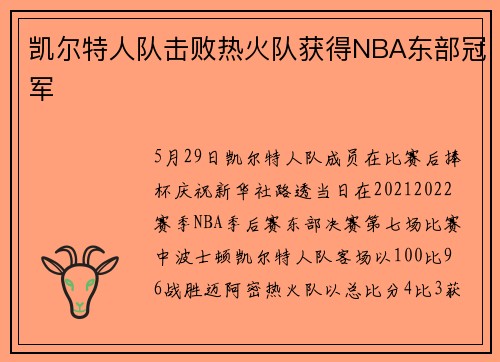 凯尔特人队击败热火队获得NBA东部冠军