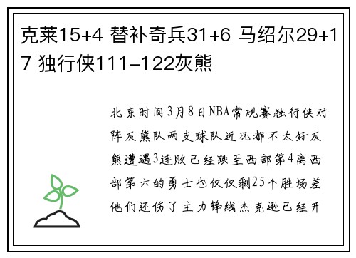 克莱15+4 替补奇兵31+6 马绍尔29+17 独行侠111-122灰熊
