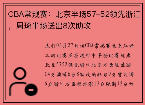 CBA常规赛：北京半场57-52领先浙江，周琦半场送出8次助攻