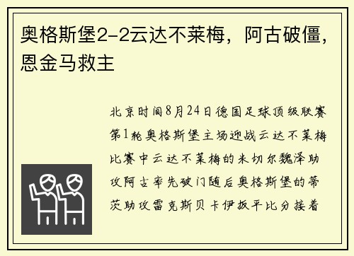 奥格斯堡2-2云达不莱梅,阿古破僵,恩金马救主